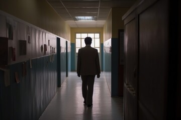 cropped shot of an unrecognizable teacher standing alone in the corridor
