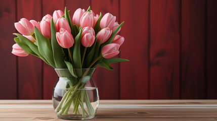 Stylish beautiful pink tulips bouquet in vase on wooden table in rustic room. Happy mothers day and womens