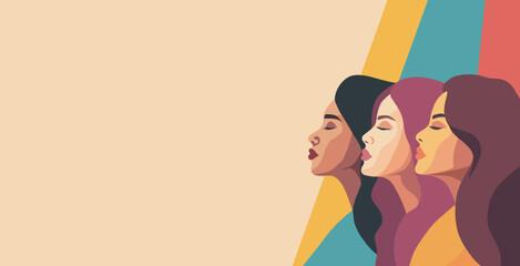Vector horizontal banner of women of different cultures and nationalities standing side by side. Vector concept of movement for gender equality and women's empowerment. Women's Day - obrazy, fototapety, plakaty