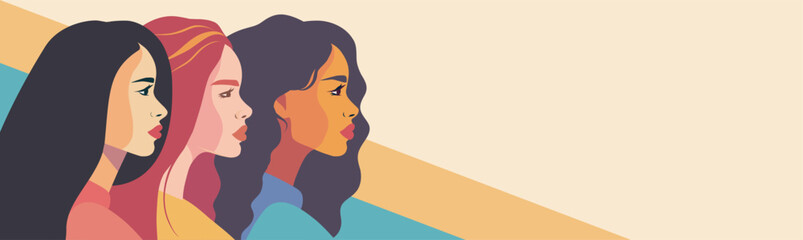  Vector horizontal banner of young women of different cultures and nationalities standing nearby. Women's Day. Vector concept of movement for gender equality and women's empowerment