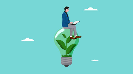 businesswoman working with computer on green sustainable light bulb, Environmental social and governance, sustainable business, industry using environmentally friendly energy or renewable energy, ESG