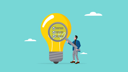 researching business ideas, market research for business idea success, Business idea viability checking, businessman with magnifier analyze business light bulb idea concept vector illustration