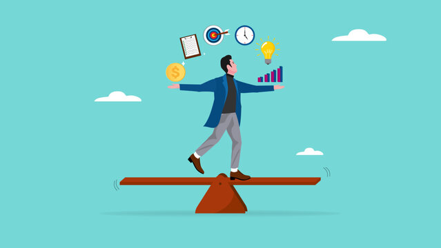 multitalented worker, multiple project management concept illustration, juggle multiple project concept, professional businessman manage multiple project at the some time vector illustration