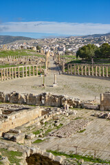 Ruins of the main square of an ancient Roman city, Jerash archaeological site, Jordan.