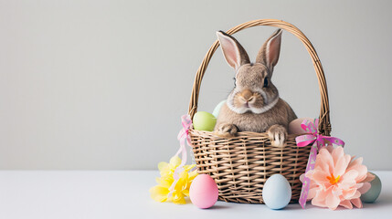 An Easter basket with a bunny sitting in it  steals the spotlight, meticulously arranged against a...