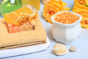 Handmade bars of spa soap collected as a stack.