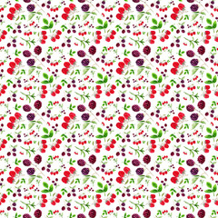 Watercolor seamless pattern with twigs, fruits and leaves of blackberries and raspberries