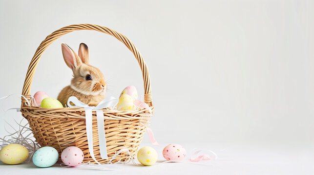 An Easter basket with a bunny sitting in it  steals the spotlight, meticulously arranged against a clear, radiant white background and copy space for text 
