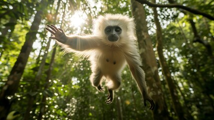 Fototapeta premium Within the treetops of a dense rainforest, an Annamese Silvered Langur leaps gracefully between branches, its striking silver coat shimmering in the filtered sunlight.