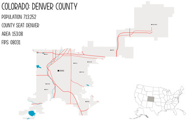 Large and detailed map of Denver County in Colorado, USA.