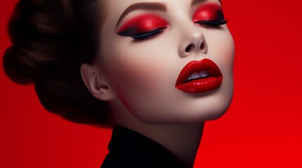 a high-definition image of a cosmetics model showcasing a bold red lipstick, leaving ample space on the side for creative additions or text.