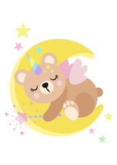 Cute unicorn teddy bear sleeping on moon