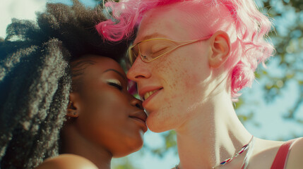 Cultural Romance Close-Up View of a Mixed-Race Couple with Stylish Colored Hair
