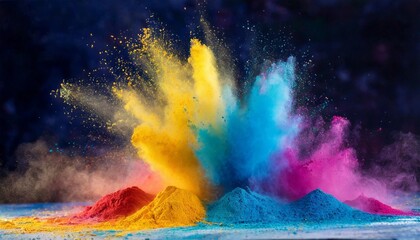 Multicolored powder paint explodes in the air. Abstract brightly colored haze for Holi festival.