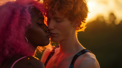 Radiant Romance in Nature's Theater Stylish Couple in Close-Up