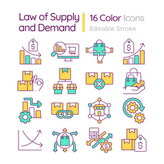 Market economics principles RGB color icons set. Law of supply and demand. Production costs. Isolated vector illustrations. Simple filled line drawings collection. Editable stroke