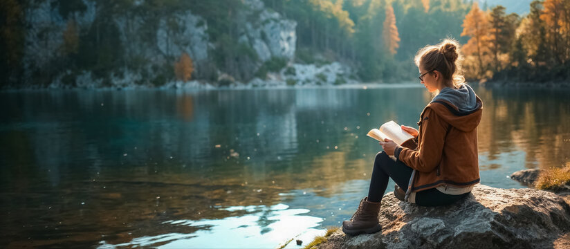 femme en train de lire, assise sur un rocher à côté d'un lac