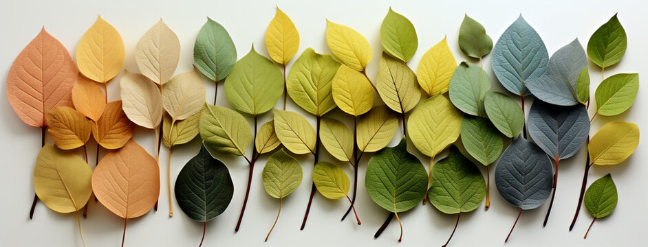 A flat lay Facebook banner image with different colorful leaves in order to color tones on white background 
