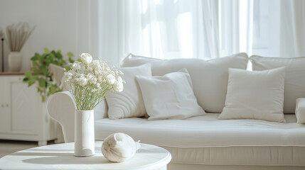 close up of a beautiful living room with white sofa, with empty copy space