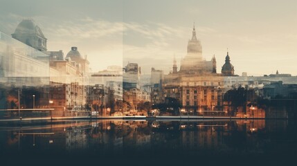 A double exposure of a city in the past and the same city in the present.