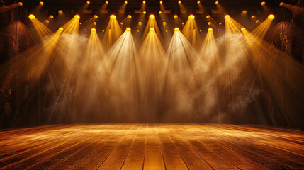 Free stage with lights and smoke, Empty stage with gold yellow spotlights, conser, show, party, Presentation concept.. orange spotlight strike on black background.banner design.empty gold podium stage - obrazy, fototapety, plakaty