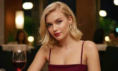 Elegant blond woman at the restaurant, next to a glass of wine. Generative AI