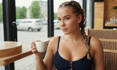Young pretty woman with braids and big breasts sitting in a cafe during the day. Generative AI