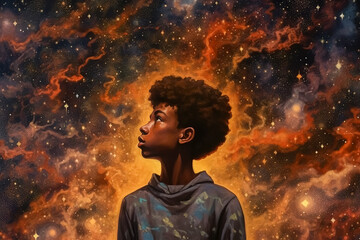 Young boy in galaxy art sky painting with flash photography