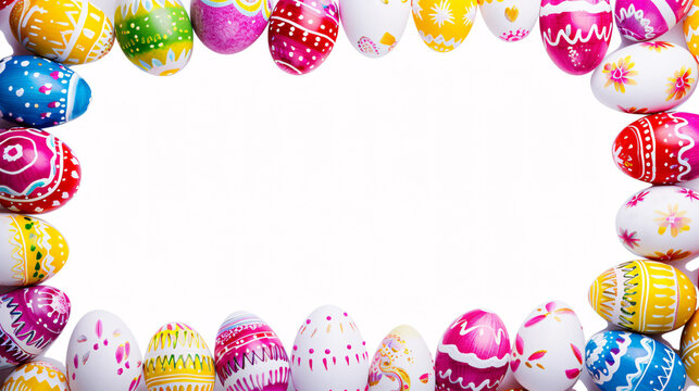 a frame crafted from a collection of vibrant Easter eggs, takes center stage against a clear white background to insert your text or image in it 