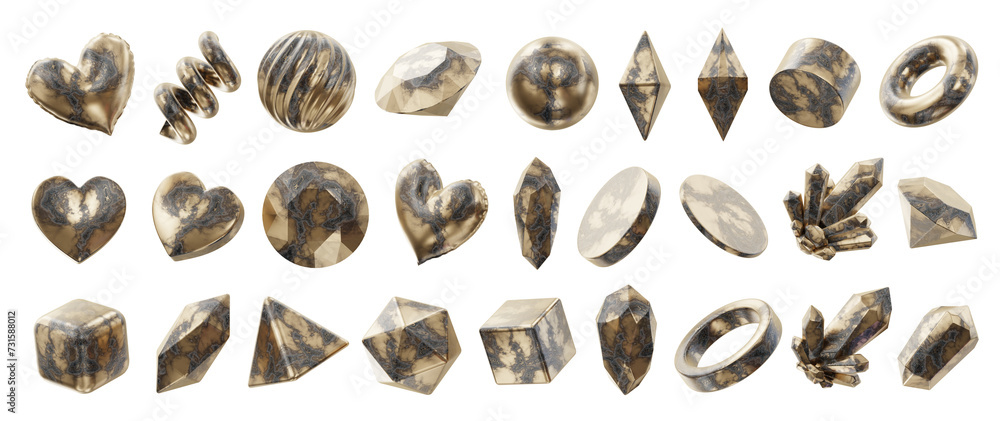 Poster gold object geometry shape set isolated background 3d rendering