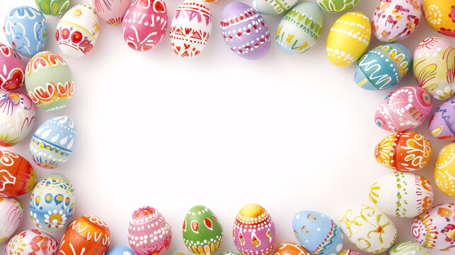 a frame crafted from a collection of vibrant Easter eggs, takes center stage against a clear white background to insert your text or image in it 