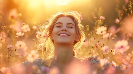 Fototapeta premium With arms wide open, she embraces the beauty of spring, her smile lighting up the scene