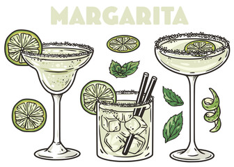 Margarita cocktail vector set with olives, mint and lime for cocktail bar or drink summer party. Martini cocktail with gin, tequila for beach bar and cafe menu