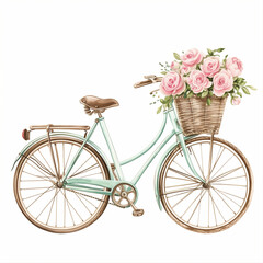 Watercolor illustration Bicycle with a basket of flowers ai art - 731588287
