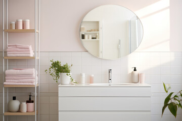 Fototapeta na wymiar Organized, minimalist bathroom with white tiles, a frameless mirror, and minimal toiletries