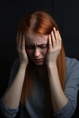 health, medical and mental support with a woman holding her head and crying in studio