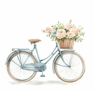 Watercolor illustration Bicycle with a basket of flowers ai art