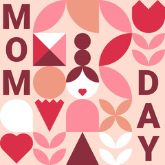 Happy Mothers, Moms Day seamless pattern or background. Trendy geometric shapes with circles, carnation, flower and heart in retro style. Vector illustration