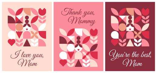Fototapeta na wymiar Happy Mothers, Moms Day . Abstract greeting posters set. Trendy geometric shapes with carnation, flower and heart in retro style. Simple bauhaus vector illustration