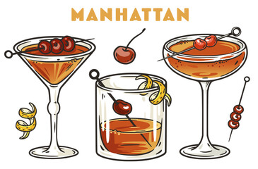 Manhattan cocktail vector set with whiskey, vermouth and cherry for design of bar menu. Alcohol cocktail collection with old fashioned for drink party or tee print