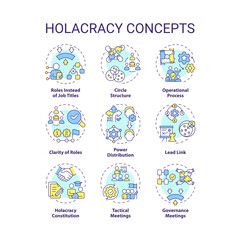Holacracy structure multi color concept icons. Power distribution. Operational process. Governance meetings. Icon pack. Vector images. Round shape illustrations for promotional material. Abstract idea