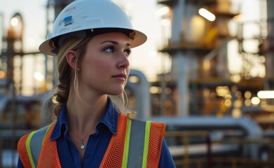 Female engineer at oil refinery, wearing protection construction white helmet and vest.