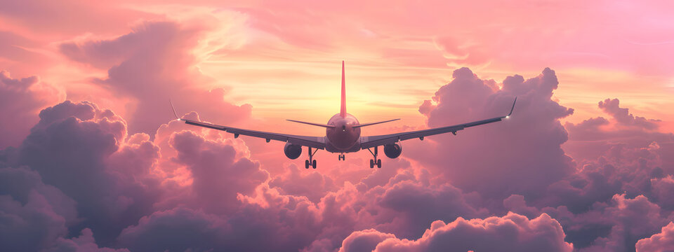 the plane flies in pink clouds © Olga