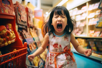 A 3,5-year-old girl, Asian, crying loudly in a toy store