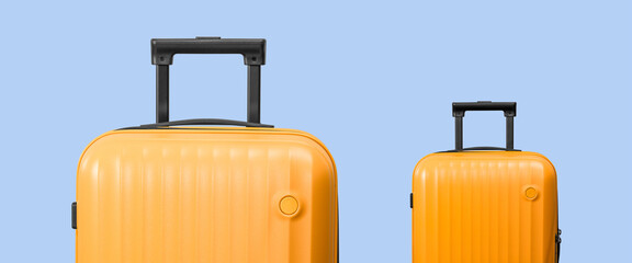Stylish yellow suitcases on blue background, minimal travel concept. Summer or winter season holiday. Time to travel concept.