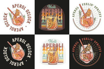 Aperol cocktail vector set with ice and slice of orange for cocktail bar or drink summer party. Aperol spritz or alcohol cocktail collection with gin for tee print of beach bar and cafe menu