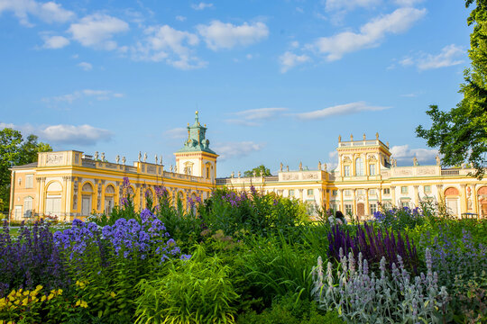 Panorama The royal Wilanow Palace in Warsaw, Poland. View of a gardens and facade.