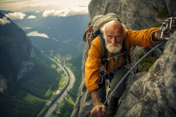 
Photo of a 77-year-old Norwegian man, resilient and determined mountain climbing on a rugged cliff - Powered by Adobe