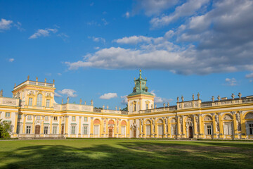 The royal Wilanow Palace in Warsaw, Poland. View of a gardens and facade.