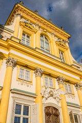 The royal Wilanow Palace in Warsaw, Poland. View of a gardens and facade.